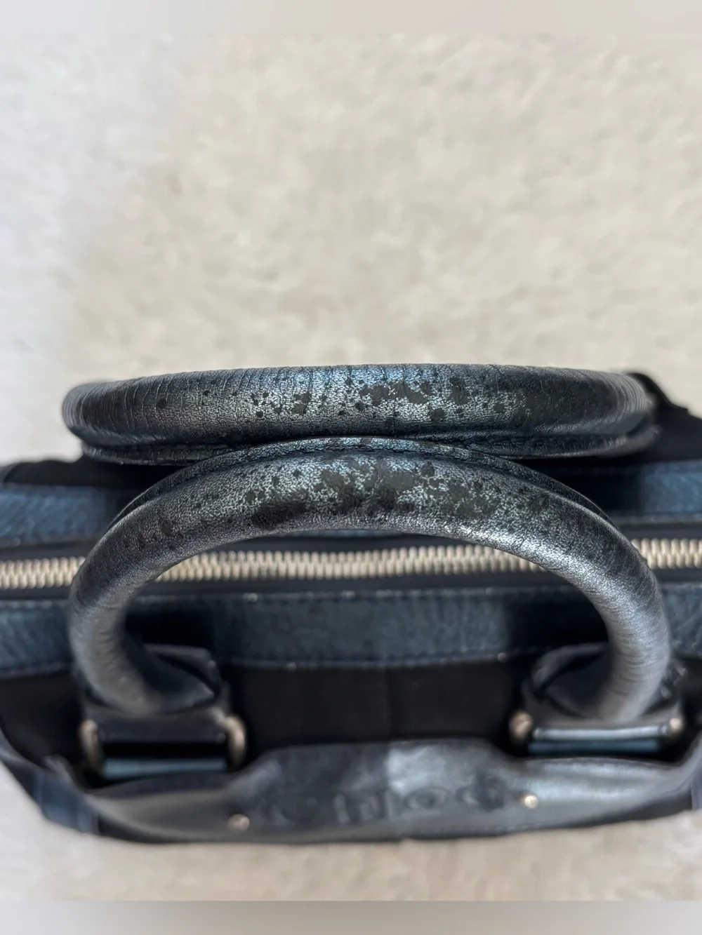 Chloe Metallic Blue Leather Black Canvas Handbag/Duffle Bag 12”x8”x7”